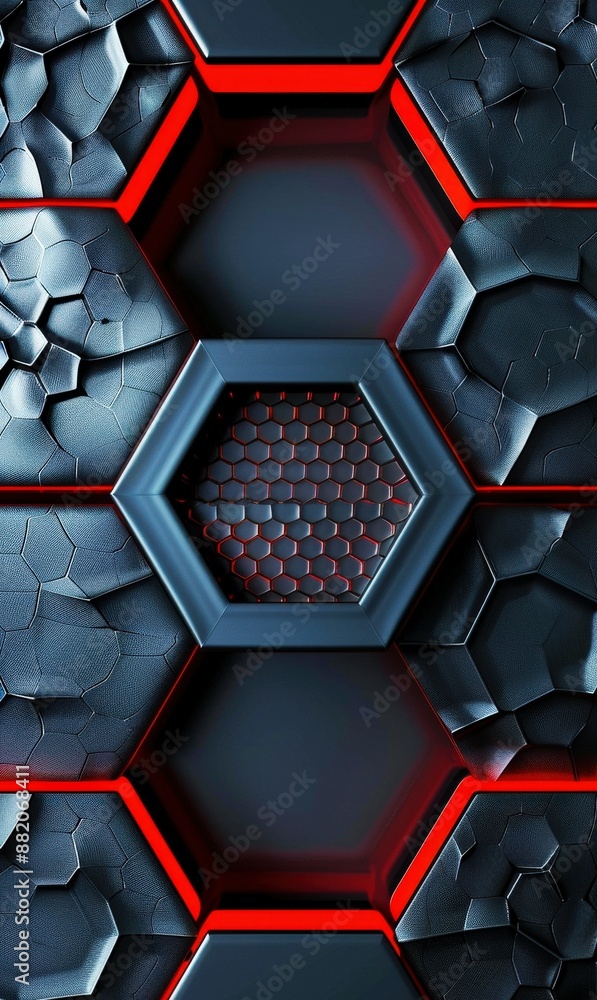 3d wallpaper background, black and red hexagon pattern with metallic ...