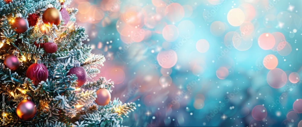 Xmas Celebration Banner Featuring a Decorated Christmas Tree with Baubles, Snowflakes, Lights, Ornaments and Stars Xmas Celebration Banner Featuring a Decorated Christmas Tree with Baubles, Snowflakes, Lights, Ornaments and Stars