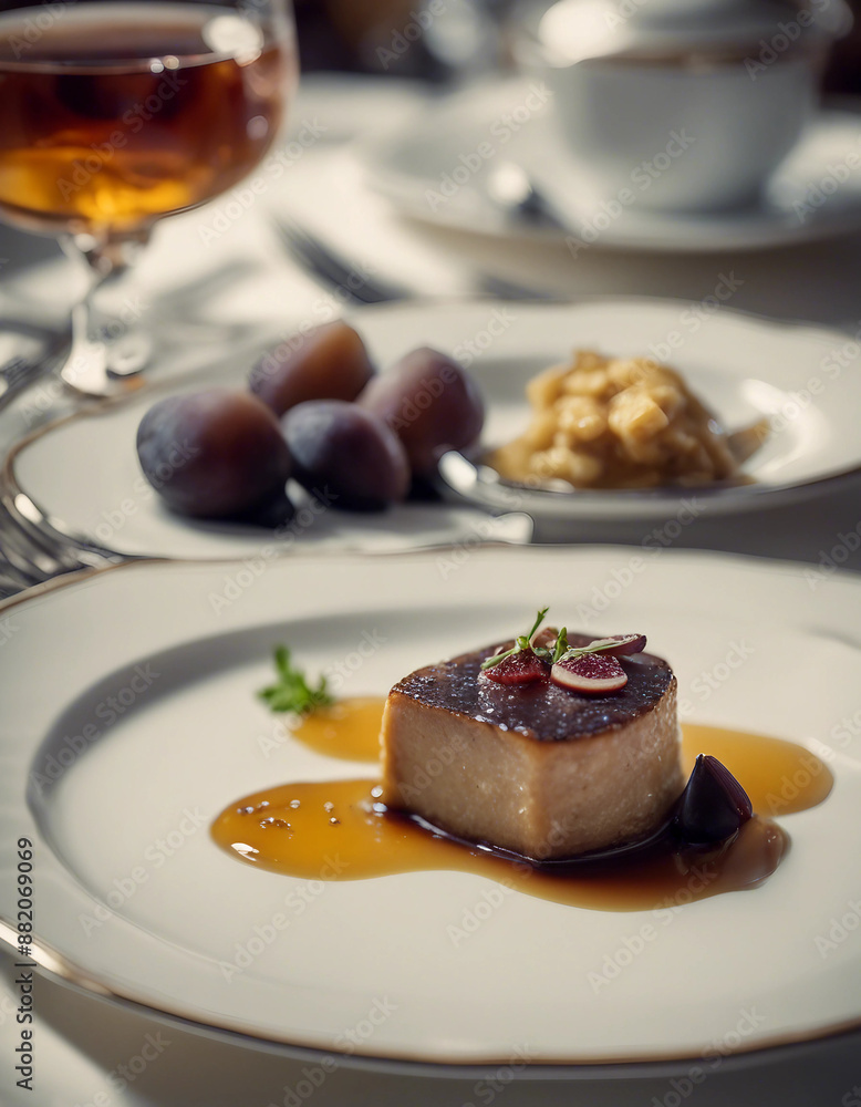 Foie gras terrine with fig compote on a fine china plate with a glass of Sauternes in an elegant French bistro
Foie gras terrine with fig compote on a fine china plate with a glass of Sauternes in an elegant French bistro
