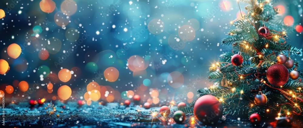 Xmas Celebration Banner Featuring a Decorated Christmas Tree with Baubles, Snowflakes, Lights, Ornaments and Stars Xmas Celebration Banner Featuring a Decorated Christmas Tree with Baubles, Snowflakes, Lights, Ornaments and Stars