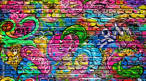 dynamic street art illustration on a brick wall with vibrant graffiti, spray paint cans, bold text, and abstract shapes. Bright neon pink, electric blue, and lime green dominate the scene