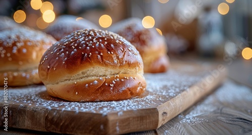 Closeup of a Freshly Baked Sesame Seed Bun on a Wooden Board