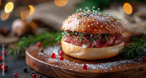 Closeup of a Freshly Baked Sesame Seed Bun on a Wooden Board