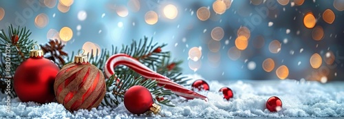 Snowy Christmas Ornaments and Candy Cane on Winter Tabletop