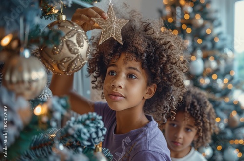 Young Girl Decorating Christmas Tree With Shiny Star Ornament