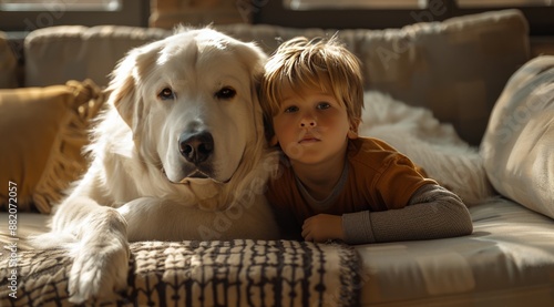 Young Boy Resting His Head On White Dog In Living Room During The Day