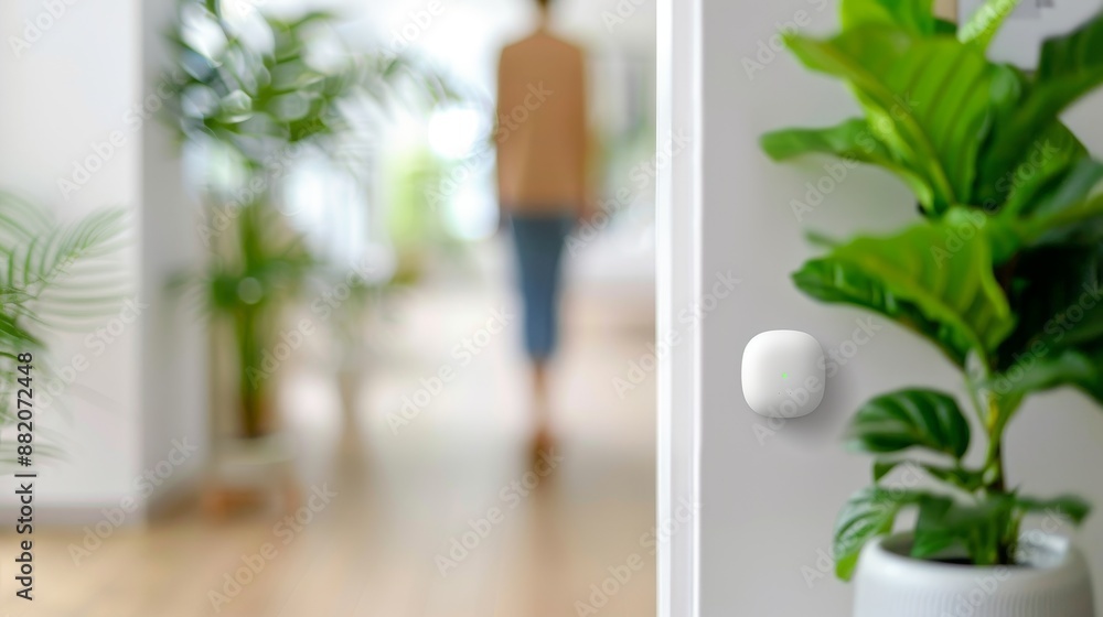 smart home security system with motion sensor and blurred person in background. smart home security system with motion sensor and blurred person in background.