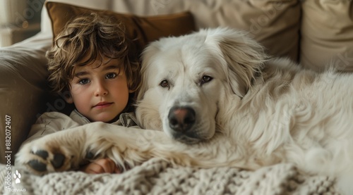 Young Boy and His White Dog Napping on a Couch