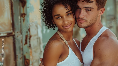 Young Couple Posing Together In Front of Old Building