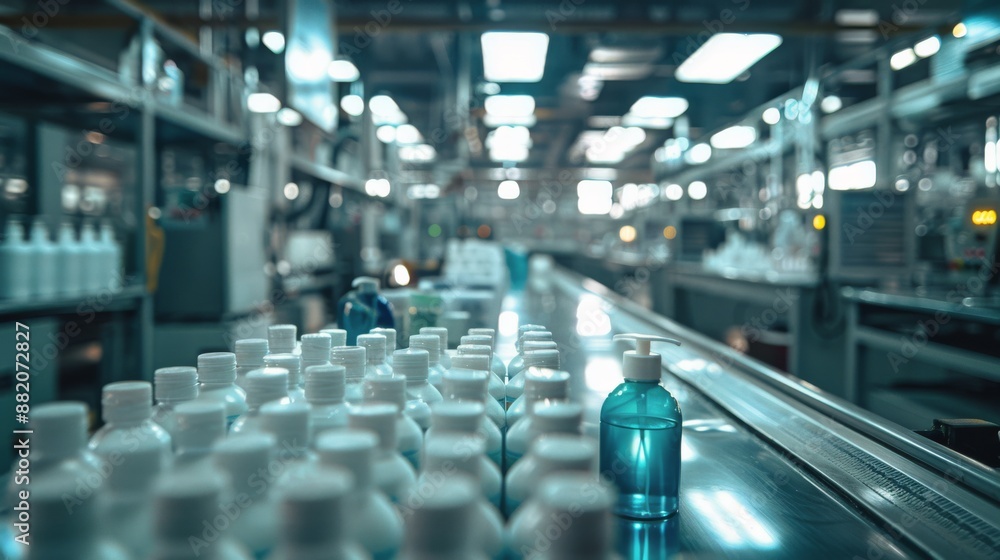 Rows of Blue Liquid Bottles on an Assembly Line in a Factory Rows of Blue Liquid Bottles on an Assembly Line in a Factory