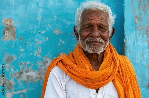 Elderly Man With White Hair and Beard Wearing Orange Scarf and Holding a Wood...