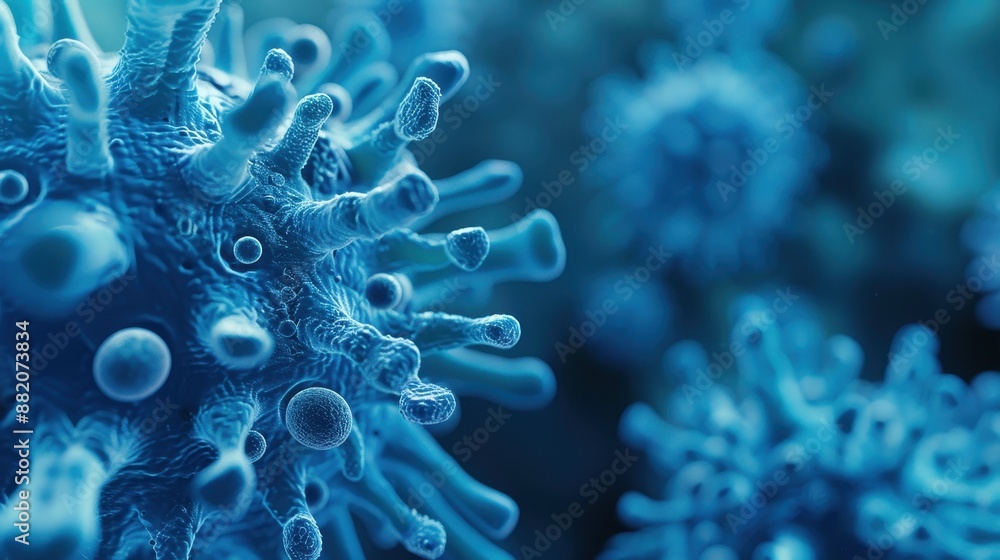Detailed Close-Up of Blue Influenza Virus Showing Spikes and Vibrant Colors in Natural Light Detailed Close-Up of Blue Influenza Virus Showing Spikes and Vibrant Colors in Natural Light