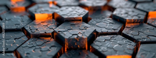 Close Up of Wet Black Hexagonal Tiles With Orange Lighting
