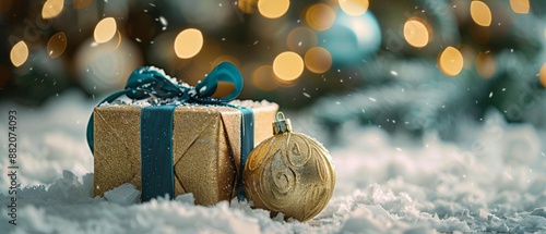 Gold Gift Box and Ornament in Snowy Winter Scene