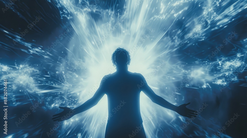 Fototapeta premium A Man Silhouetted Against a Blue, Glowing Light Sphere