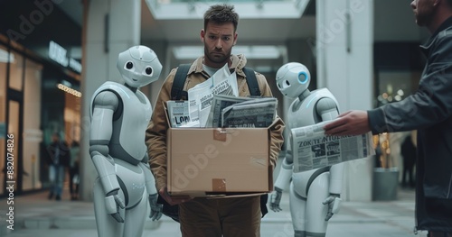Man Walking Between Two White Humanoid Robots in Modern Building