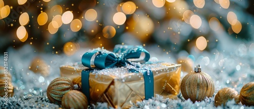Gold Gift Box and Ornament in Snowy Winter Scene