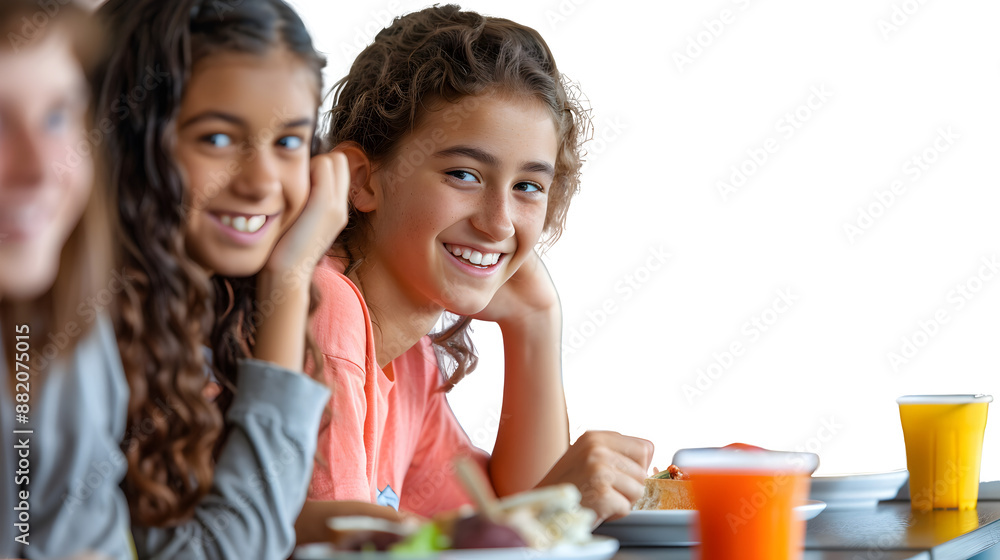 Lunch time chat of students, back to school scene, social interaction and friendship, school cafeteria moments, student camaraderie, png file, isolated on white Lunch time chat of students, back to school scene, social interaction and friendship, school cafeteria moments, student camaraderie, png file, isolated on white
