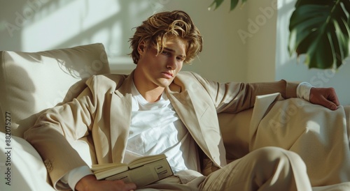 Young Man Relaxing on a Couch While Reading a Book