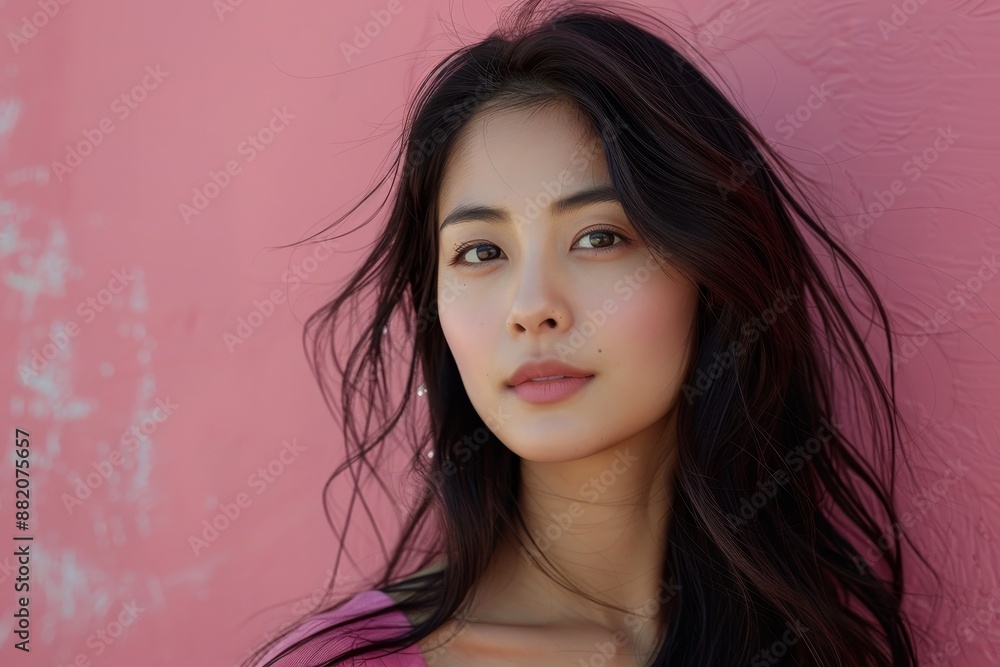 portrait of Asian brunette young woman on pink background, natural beauty portrait of Asian brunette young woman on pink background, natural beauty