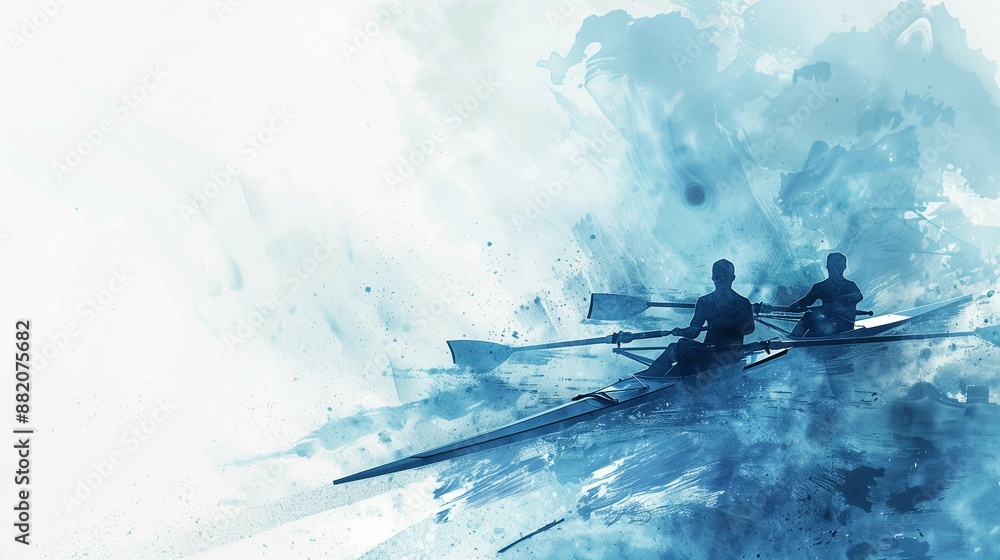 Illustration of rowers in boat,white and blue color palette, digital ...