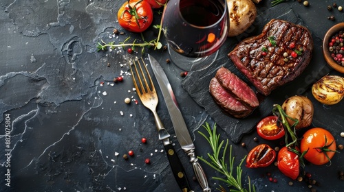 Elegant Gourmet Dinner Flat Lay on Dark Slate Background with Steak, Roasted Vegetables, Wine Glass, and Cutlery - Realistic Culinary Setting