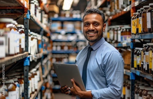 Businessman Working in a Warehouse With Shelves of Products