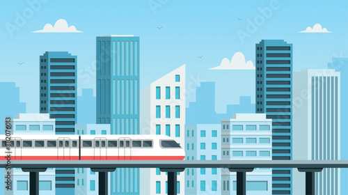 High speed train on the bridge. High speed train and skyscraper. Modern outdoor landscape.Vector stock