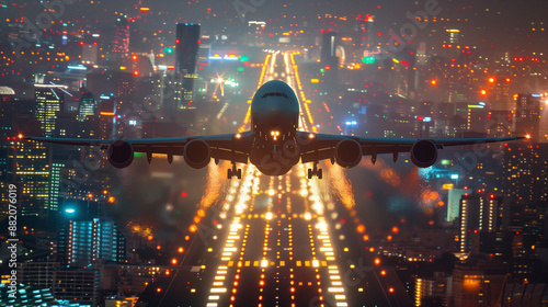 Airplane Landing on Illuminated Runway at Night with City Skyline