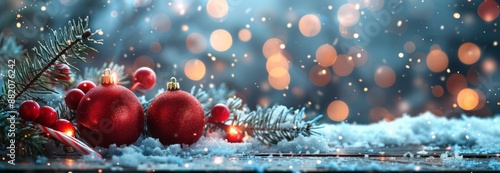 Snowy Christmas Ornaments and Candy Cane on Winter Tabletop