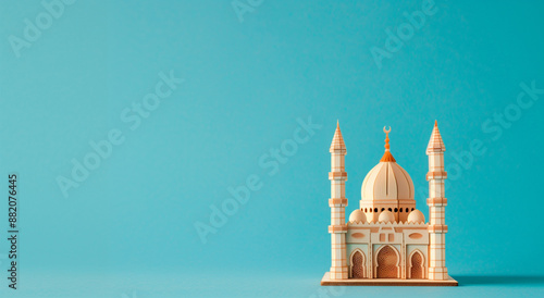 Miniature mosque isolated on blue background with copy space for Islamic celebration day ramadan kareem or eid al fitr adha