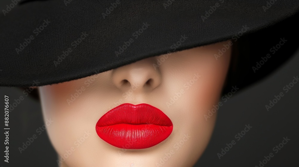 A woman with red lips and a black hat. The hat is covering her face and the lips are painted red A woman with red lips and a black hat. The hat is covering her face and the lips are painted red