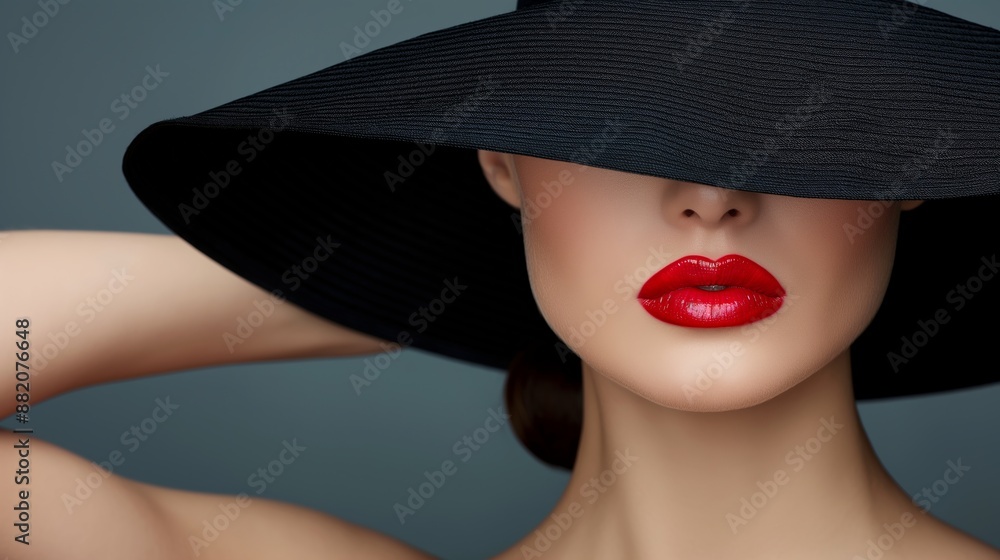 A woman with a black hat and red lipstick A woman with a black hat and red lipstick