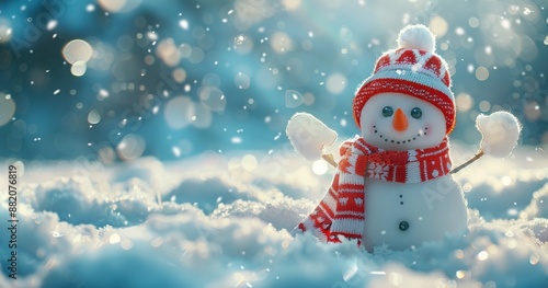 Cheerful Snowman in Winter Wonderland With Falling Snow