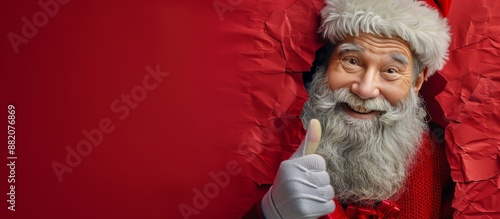 Happy Santa Claus Giving Thumbs Up Through Red Wrapping Paper