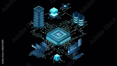 Isometric artificial intelligence chip animation. Artificial Intelligence server. Futuristic microchip processor. Isometric cloud computing. Transparent background with alpha channel