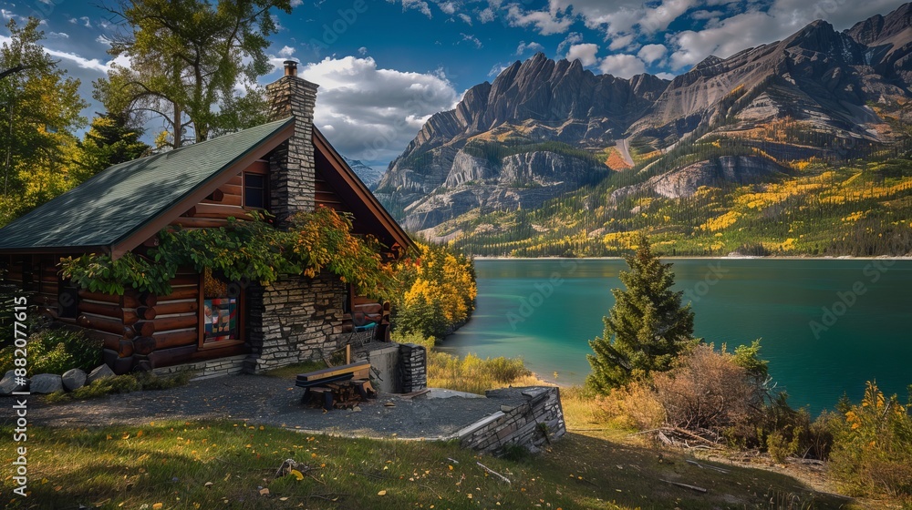 Fototapeta premium A warm and comfortable cabin in Canada during the fall and winter, with a view of the beautiful emerald green Lake Waterton in Waterton Lakes National Park.