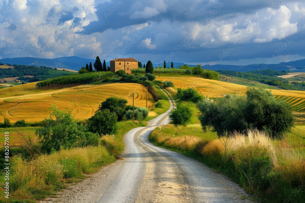 A rural road with a charming countryside view A rural road with a charming countryside view