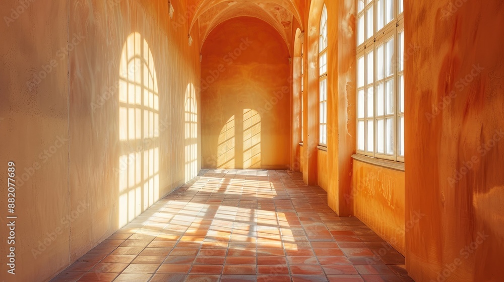 Empty corridor with terracotta flooring and window Empty corridor with terracotta flooring and window