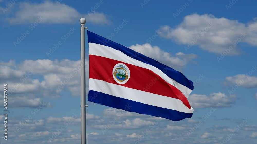 Costa Rica flag waying in the wind against the running clouds on blue sky, close-up flag video Costa Rica flag waying in the wind against the running clouds on blue sky, close-up flag video