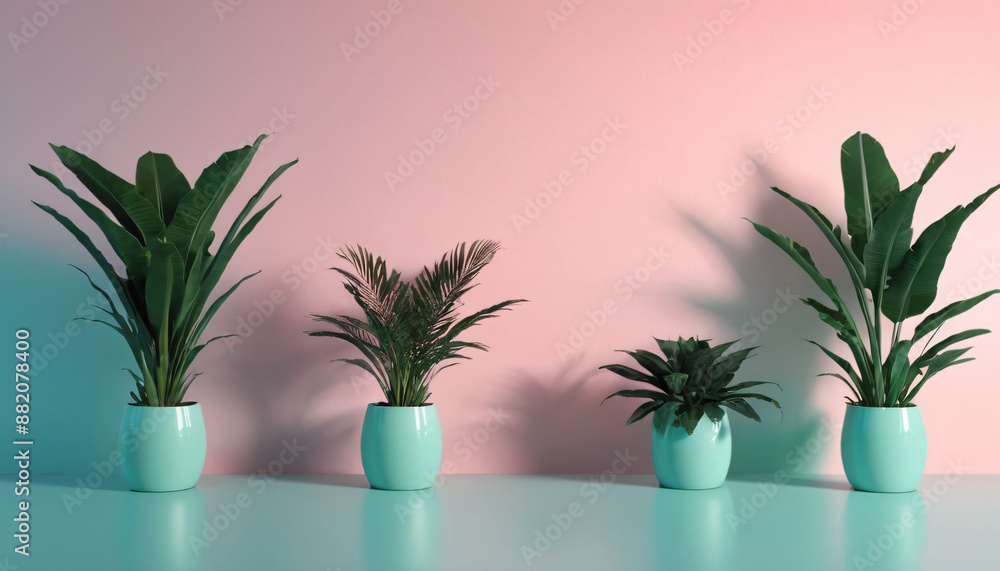 Gradient background in turquoise and pink tones with flower pots, space for copy, empty space for text Gradient background in turquoise and pink tones with flower pots, space for copy, empty space for text