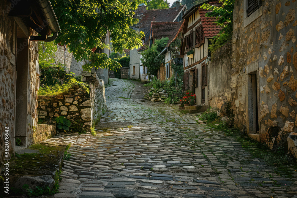 A cobblestone road in a medieval village A cobblestone road in a medieval village