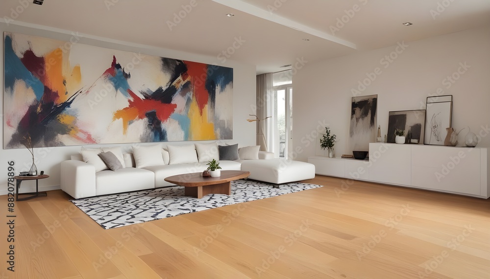 Naklejka premium A modern living room with a large white sofa, a patterned rug, and abstract artwork on the walls.