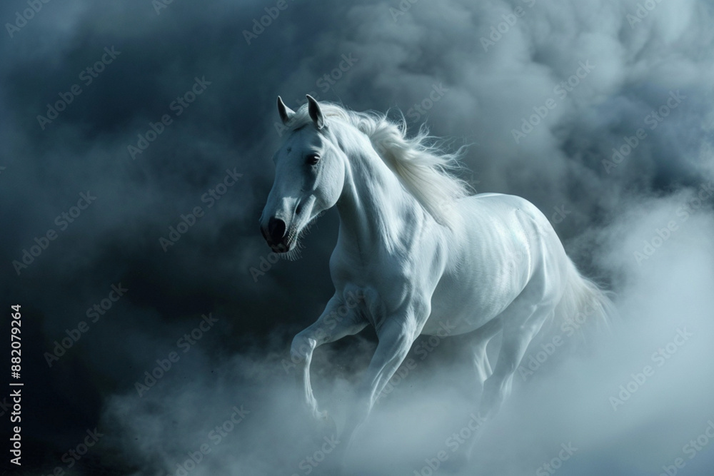 Fototapeta premium white horse bursting through clouds, cinematic, night time,