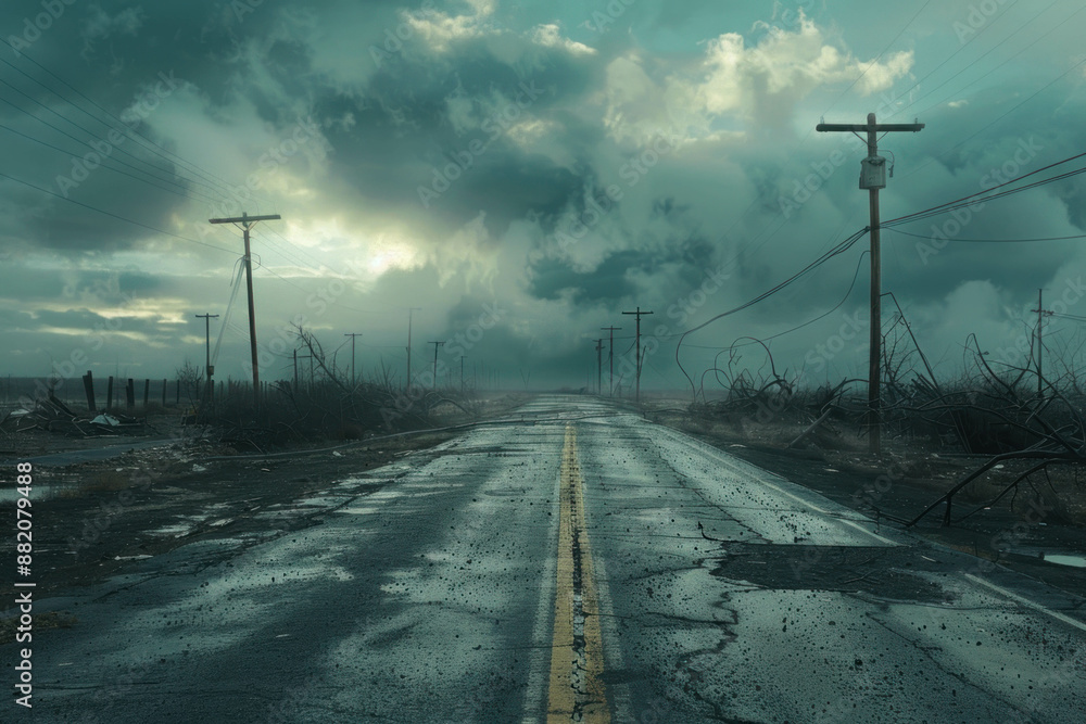 An empty road in a post-apocalyptic world