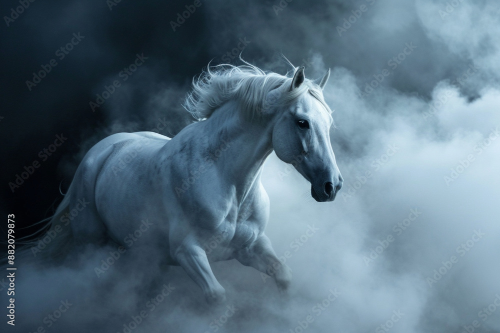 white horse bursting through clouds, cinematic, night time, white horse bursting through clouds, cinematic, night time,
