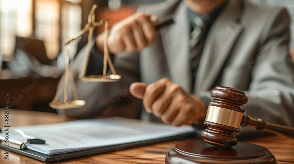 Lawyer is sitting at his desk holding a gavel in a courtroom with a justice scale in the background Lawyer is sitting at his desk holding a gavel in a courtroom with a justice scale in the background