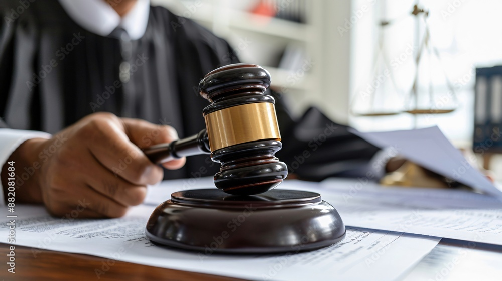 Judge presides over a trial in a courtroom, holding a gavel and preparing to strike the sounding block Judge presides over a trial in a courtroom, holding a gavel and preparing to strike the sounding block