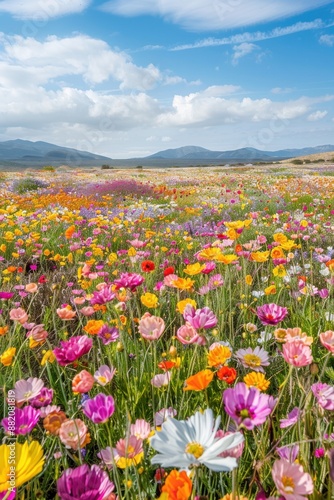 Aerial shot of a vast field of wildflowers in full bloom  patchwork of vibrant colors