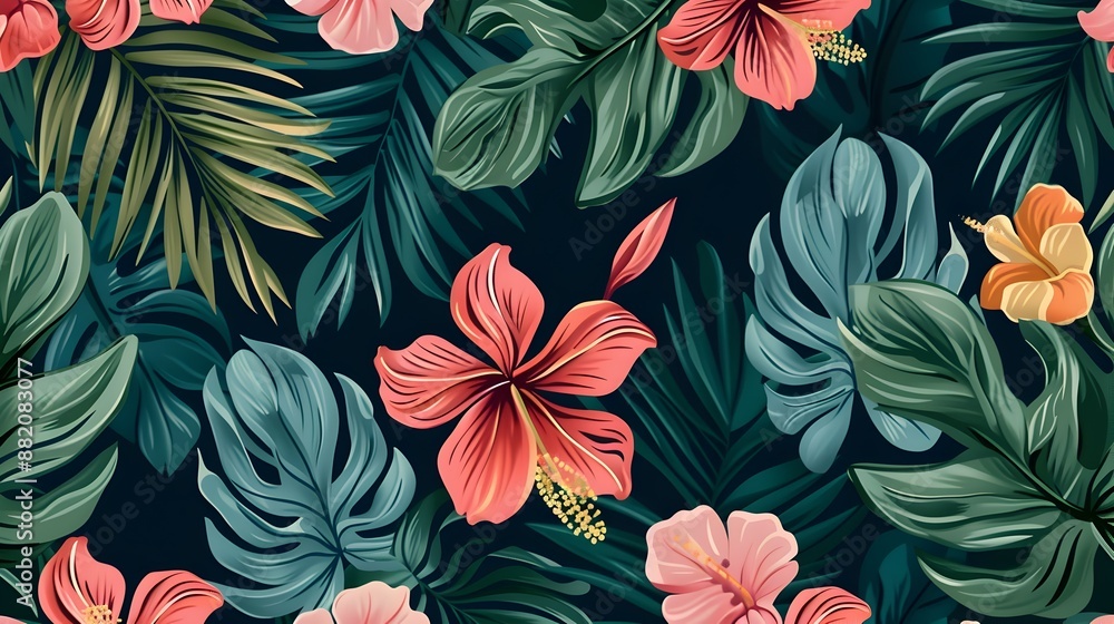 Lush Tropical Foliage and Vibrant Floral Pattern Background Lush Tropical Foliage and Vibrant Floral Pattern Background